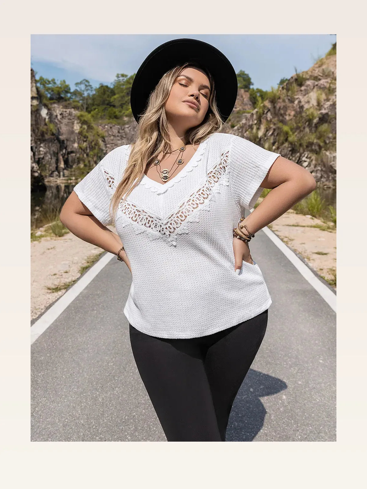 Lace Detail V-Neck Short Sleeve Blouse — styled showcase — Livostyle