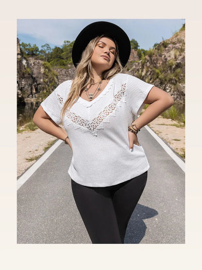 Lace Detail V-Neck Short Sleeve Blouse — styled showcase — Livostyle