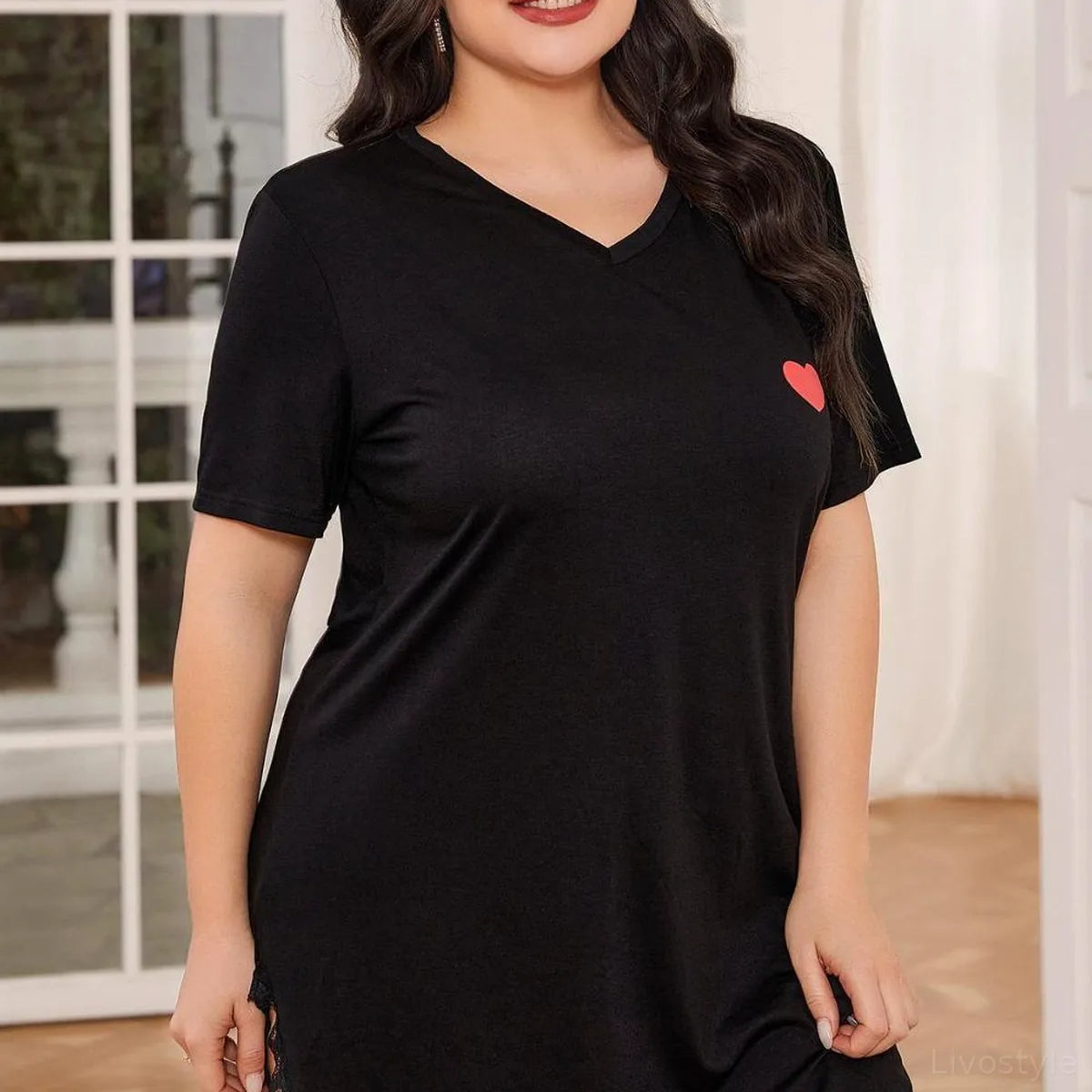 Lace Trim V-Neck Short Sleeve Night Dress — square view — Livostyle