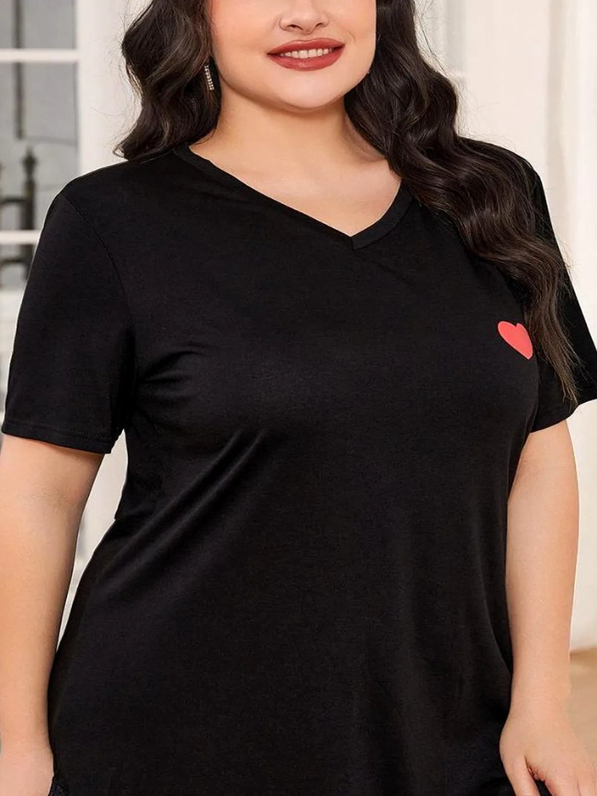 Lace Trim V-Neck Short Sleeve Night Dress — detail view — Livostyle