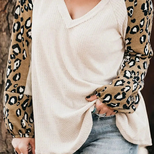 Leopard V-Neck Raglan Sleeve Blouse — square view — Livostyle