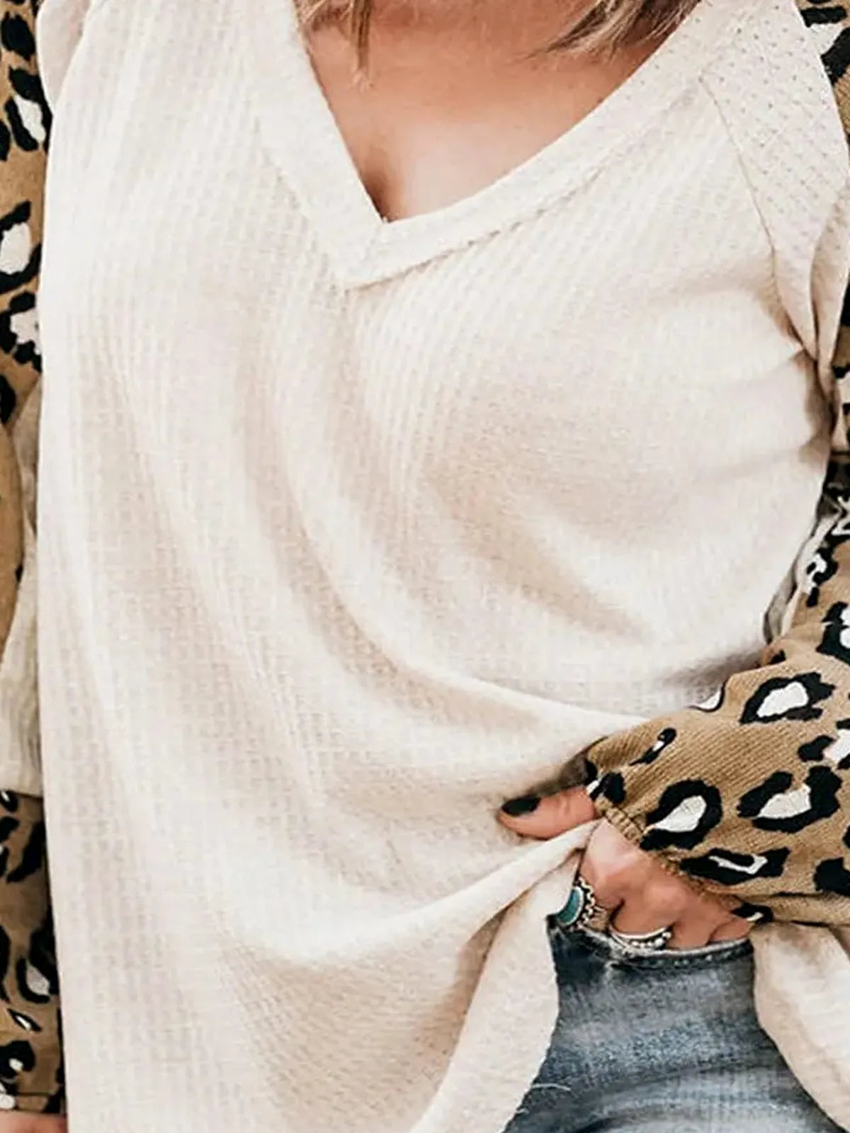 Leopard V-Neck Raglan Sleeve Blouse — detail view — Livostyle