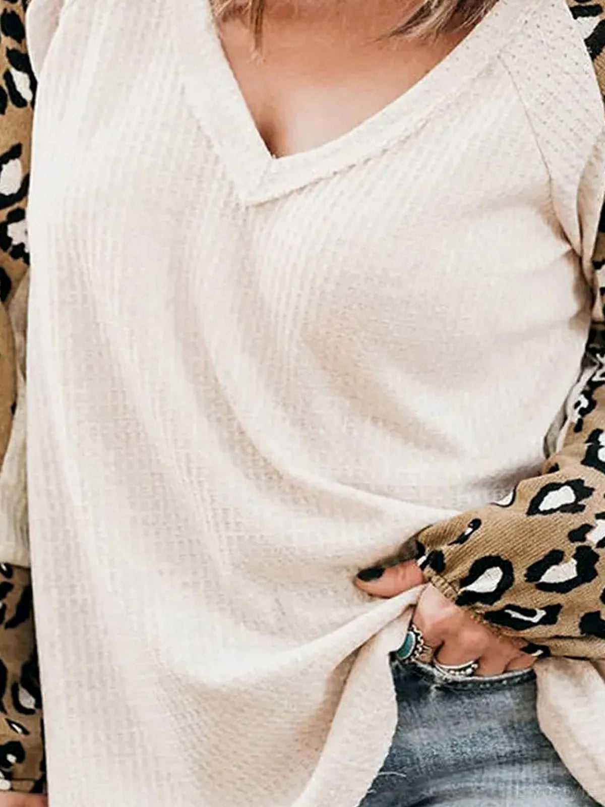 Leopard V-Neck Raglan Sleeve Blouse — detail view — Livostyle