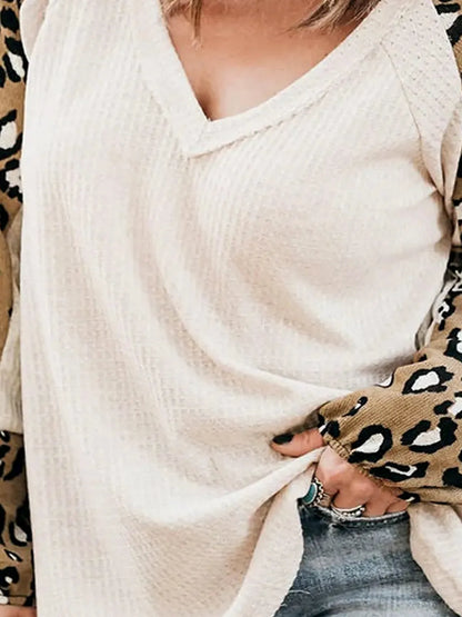 Leopard V-Neck Raglan Sleeve Blouse — detail view — Livostyle