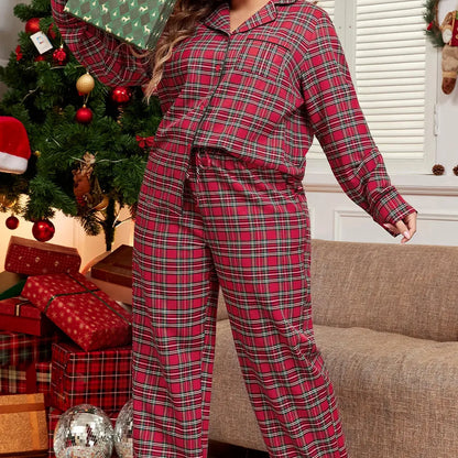 Plaid Collared Neck Top and Pants Lounge Set — square view — Livostyle