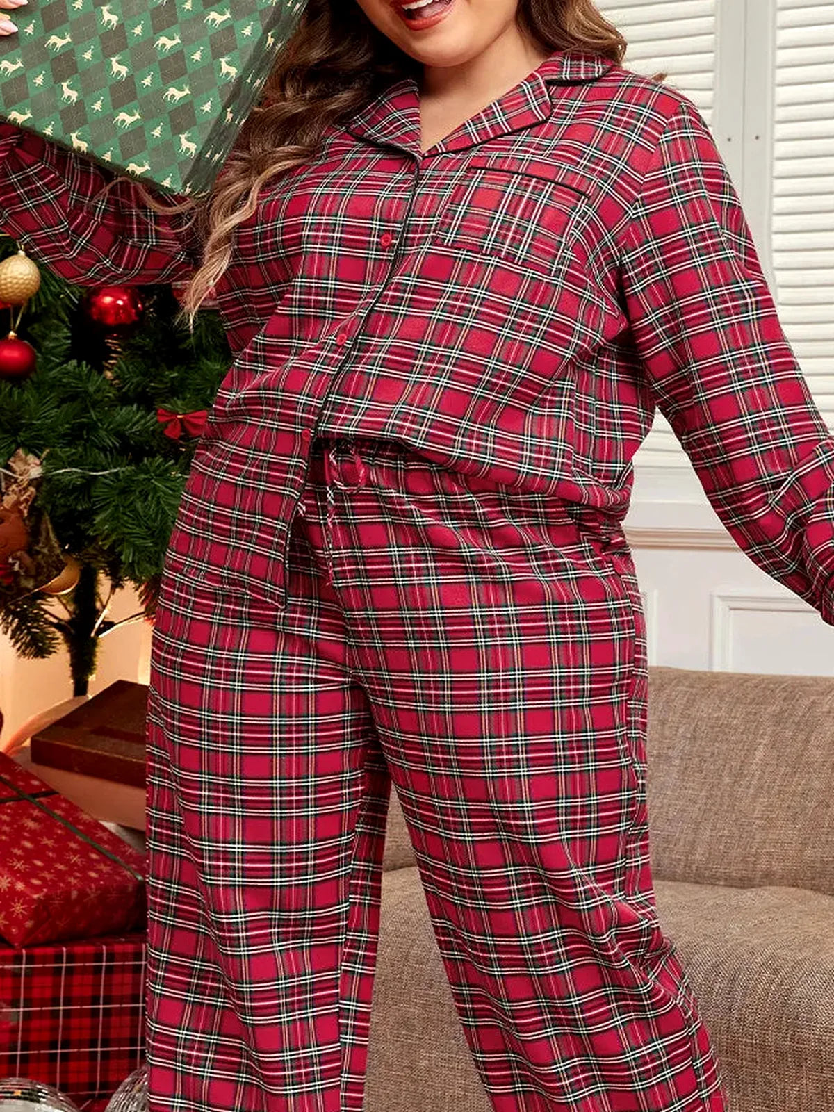 Plaid Collared Neck Top and Pants Lounge Set — detail view — Livostyle