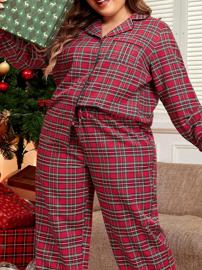 Plaid Collared Neck Top and Pants Lounge Set — detail view — Livostyle
