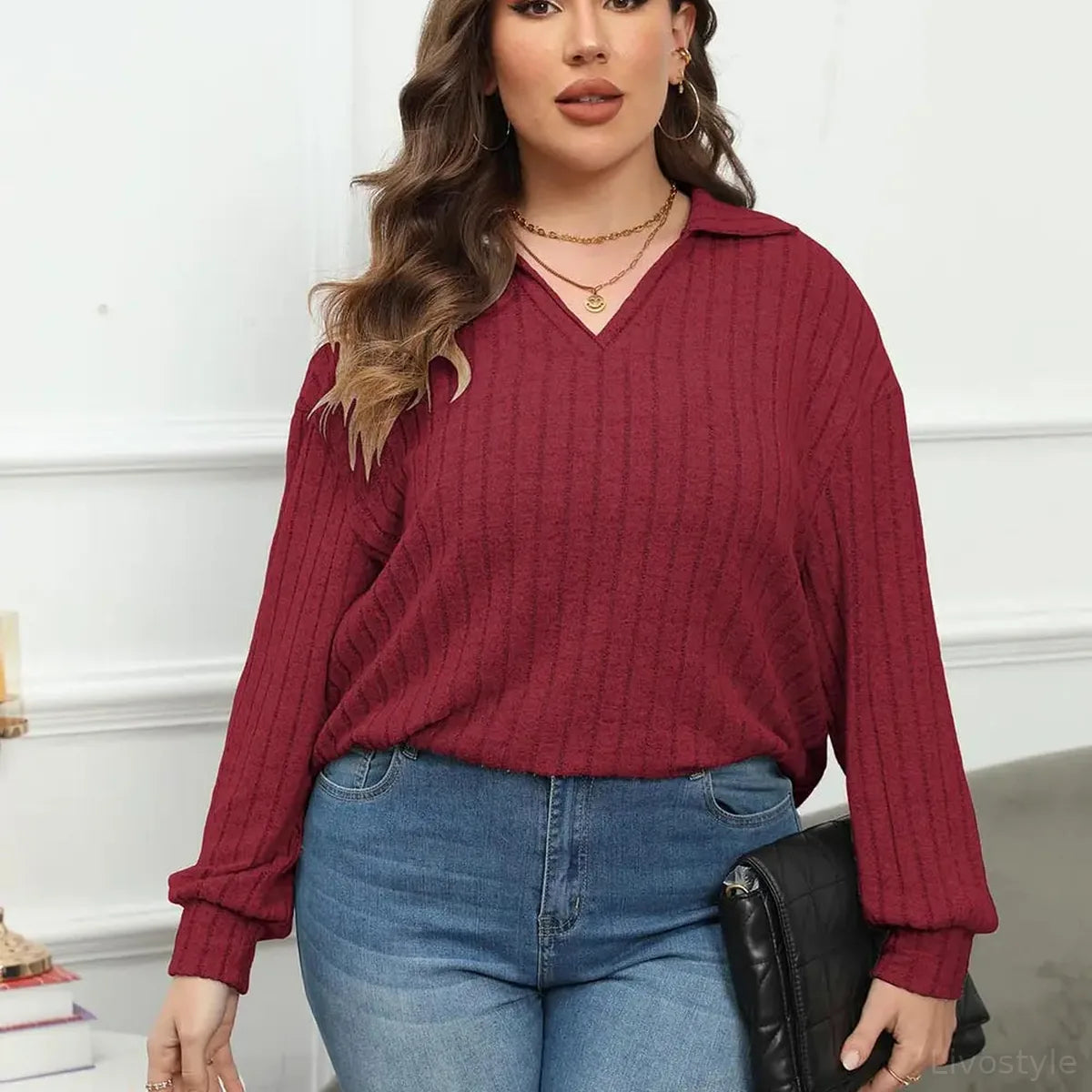 Ribbed Collared Neck Long Sleeve Blouse — square view — Livostyle