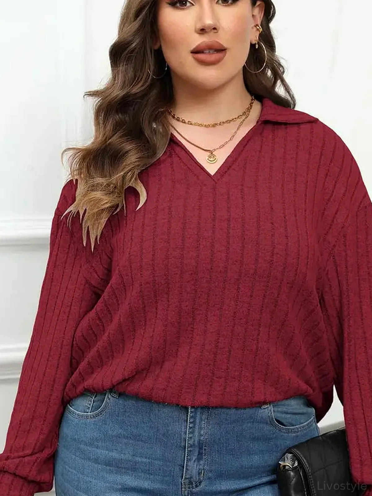 Ribbed Collared Neck Long Sleeve Blouse — detail view — Livostyle