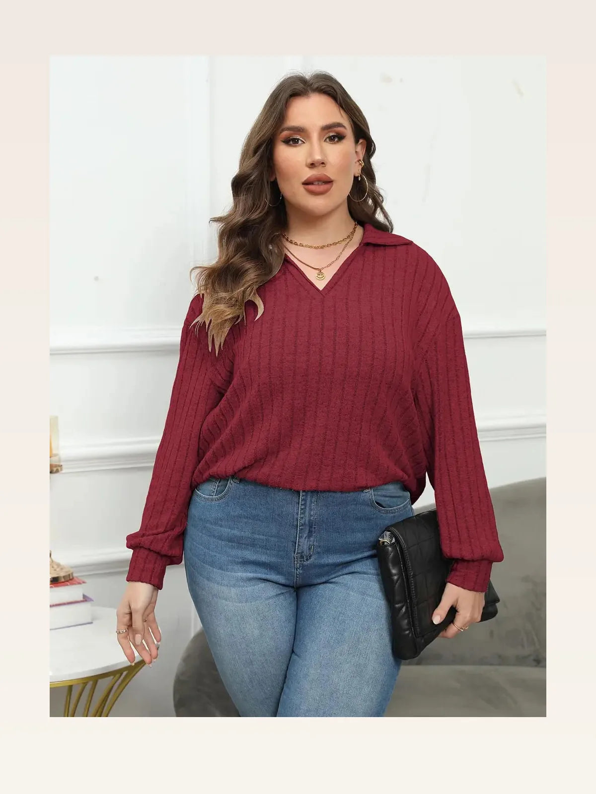 Ribbed Collared Neck Long Sleeve Blouse — styled showcase — Livostyle