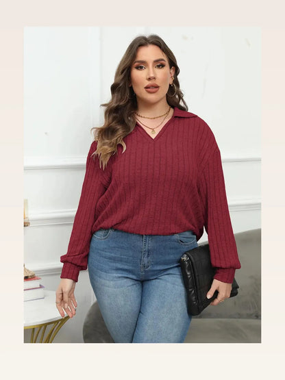 Ribbed Collared Neck Long Sleeve Blouse — styled showcase — Livostyle