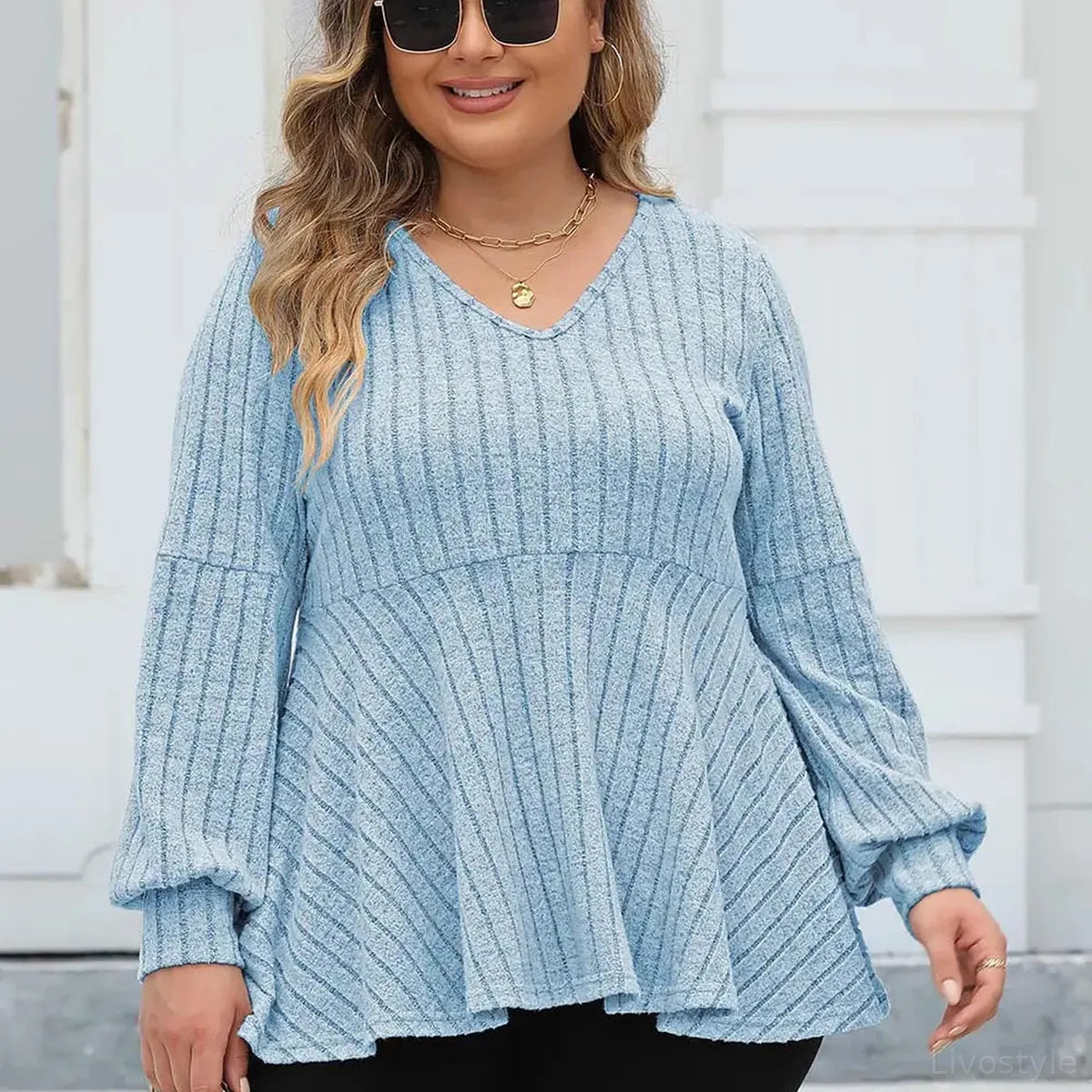 Ribbed V-Neck Long Sleeve Blouse — square view — Livostyle