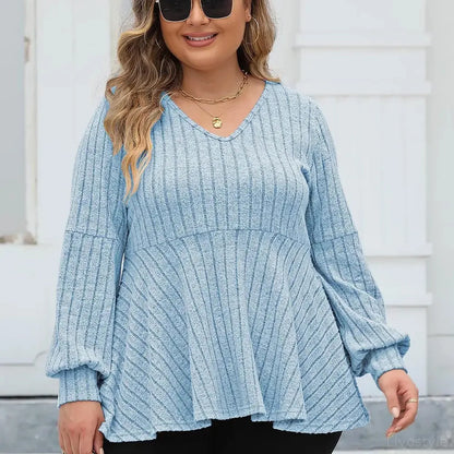 Ribbed V-Neck Long Sleeve Blouse — square view — Livostyle