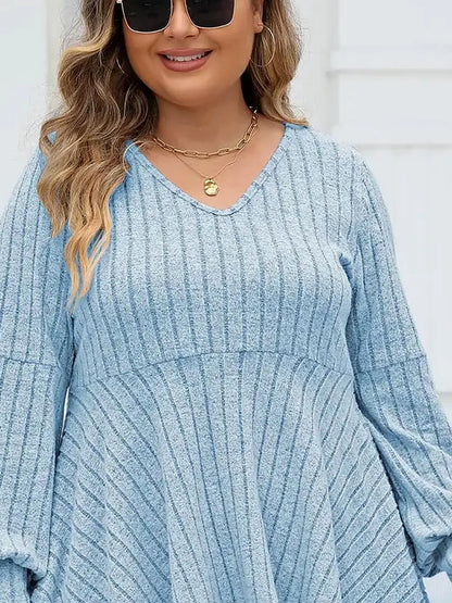 Ribbed V-Neck Long Sleeve Blouse — detail view — Livostyle