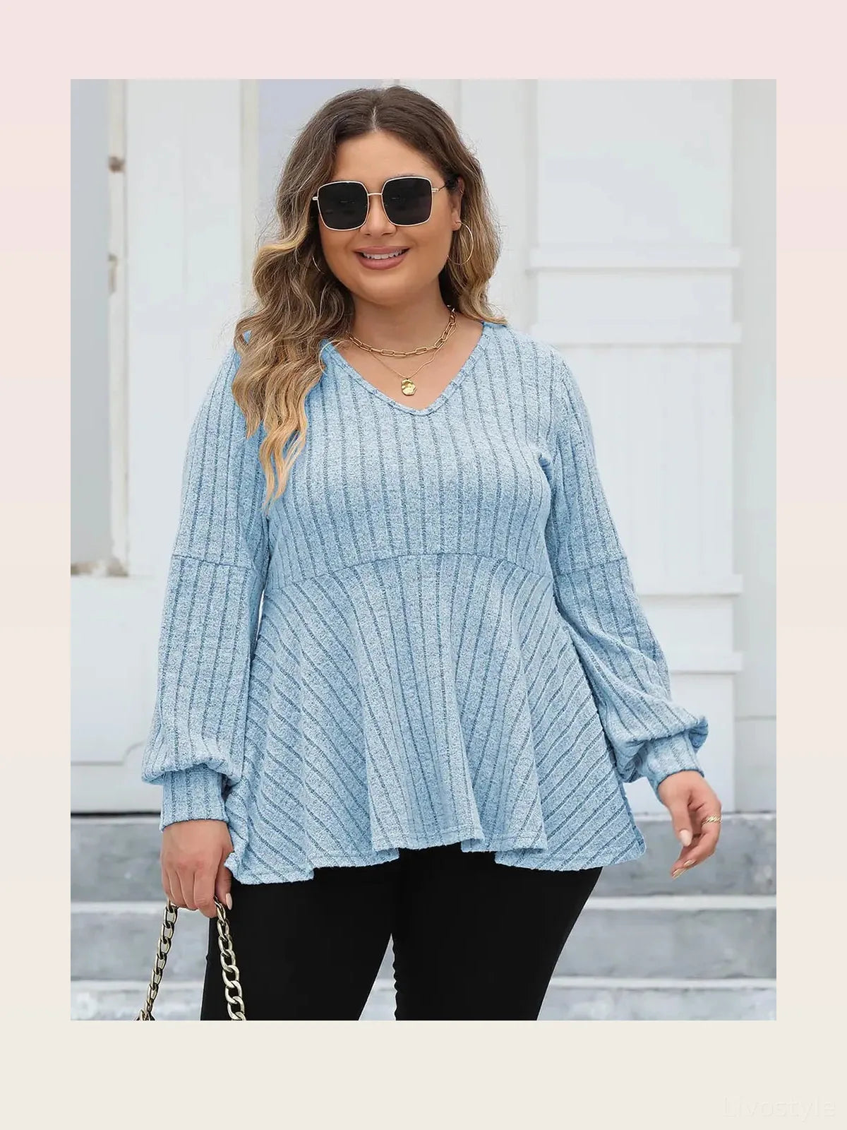 Ribbed V-Neck Long Sleeve Blouse — styled showcase — Livostyle