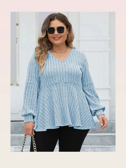 Ribbed V-Neck Long Sleeve Blouse — styled showcase — Livostyle