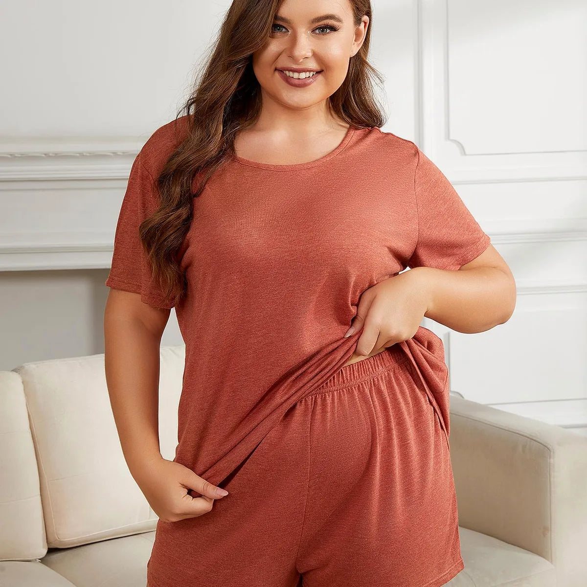 Round Neck Short Sleeve Two-Piece Loungewear Set — square view — Livostyle