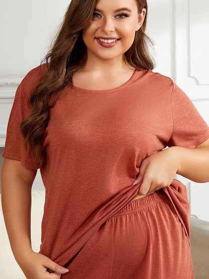 Round Neck Short Sleeve Two-Piece Loungewear Set — detail view — Livostyle