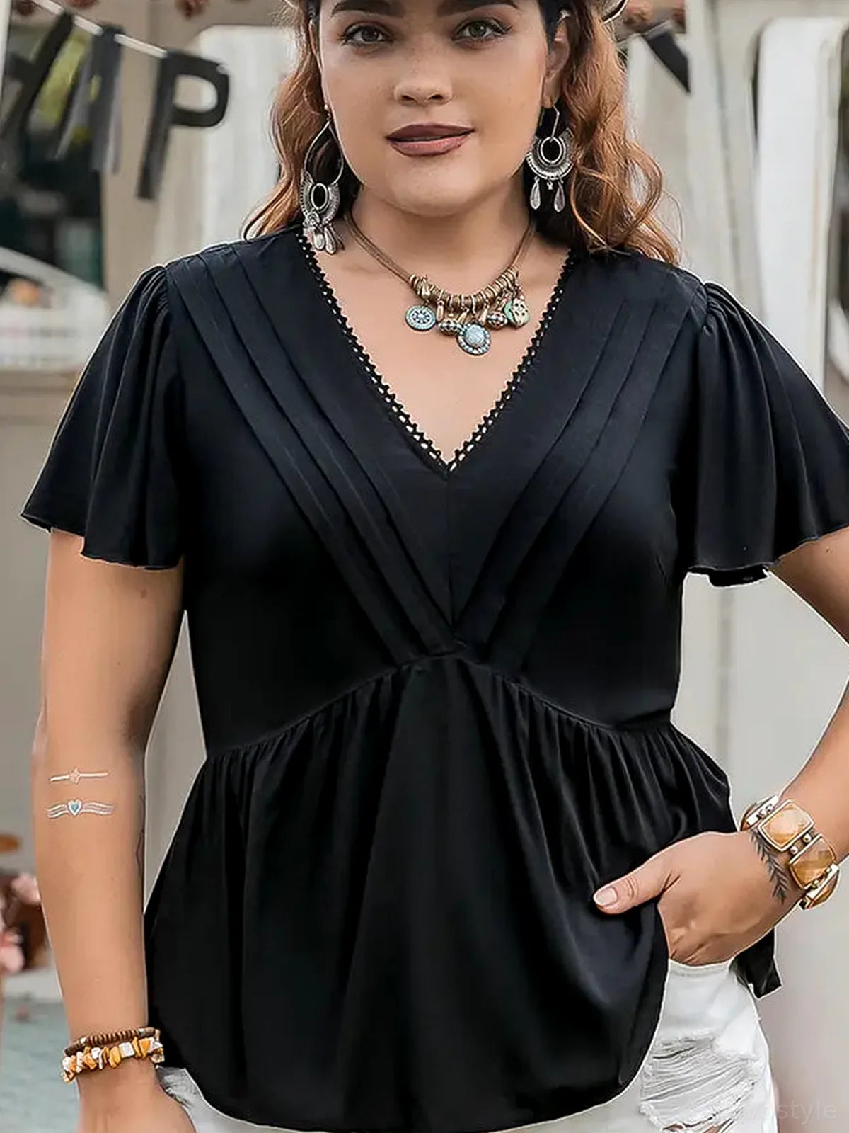 V-Neck Flutter Sleeve Blouse — detail view — Livostyle