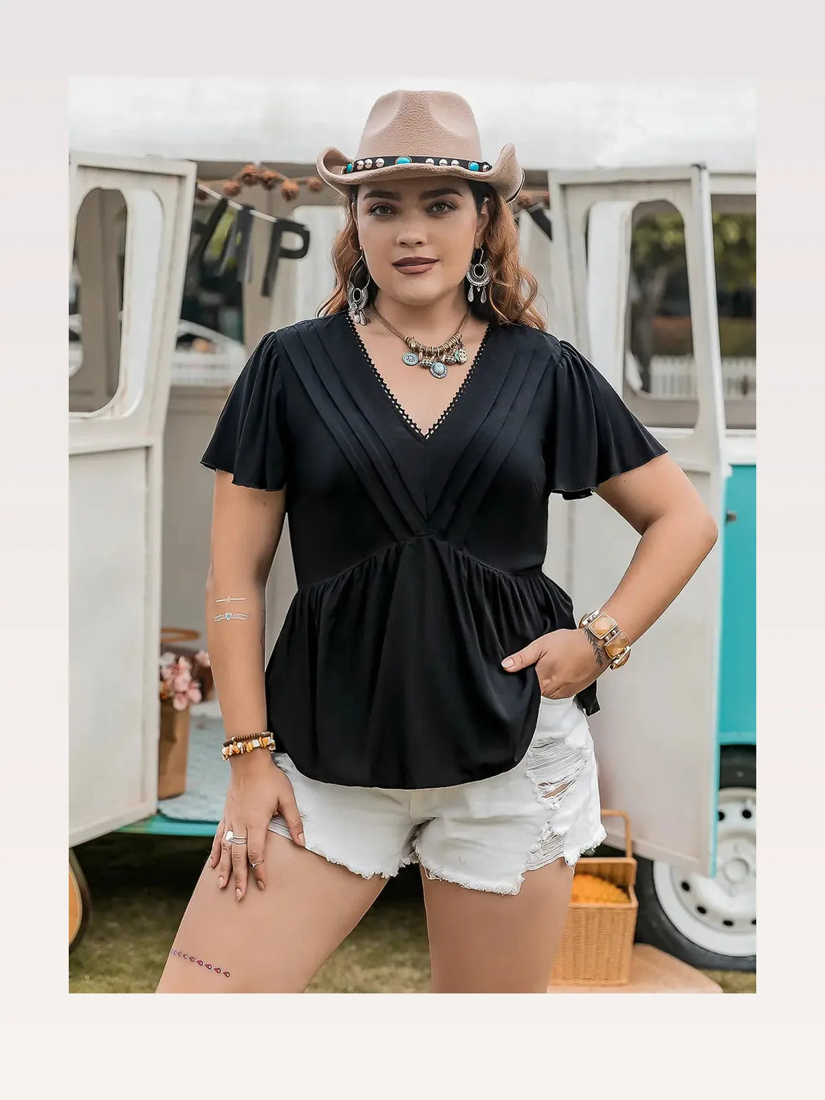 V-Neck Flutter Sleeve Blouse — styled showcase — Livostyle
