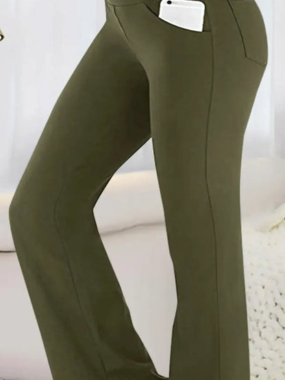 Army Green Pocketed High Waist Active Pants — detail view — Livostyle