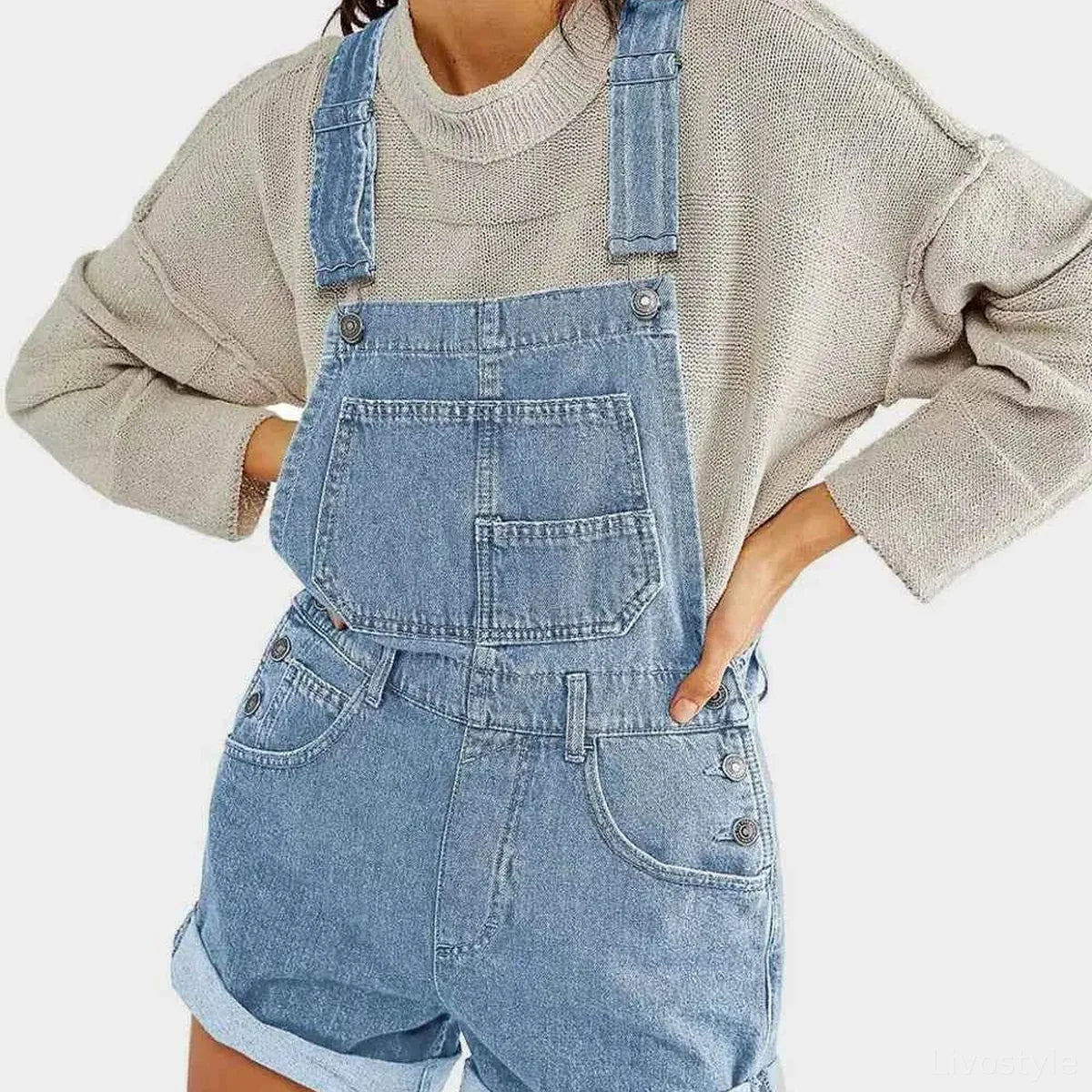 Pocketed Square Neck Wide Strap Denim Overalls — square view — Livostyle