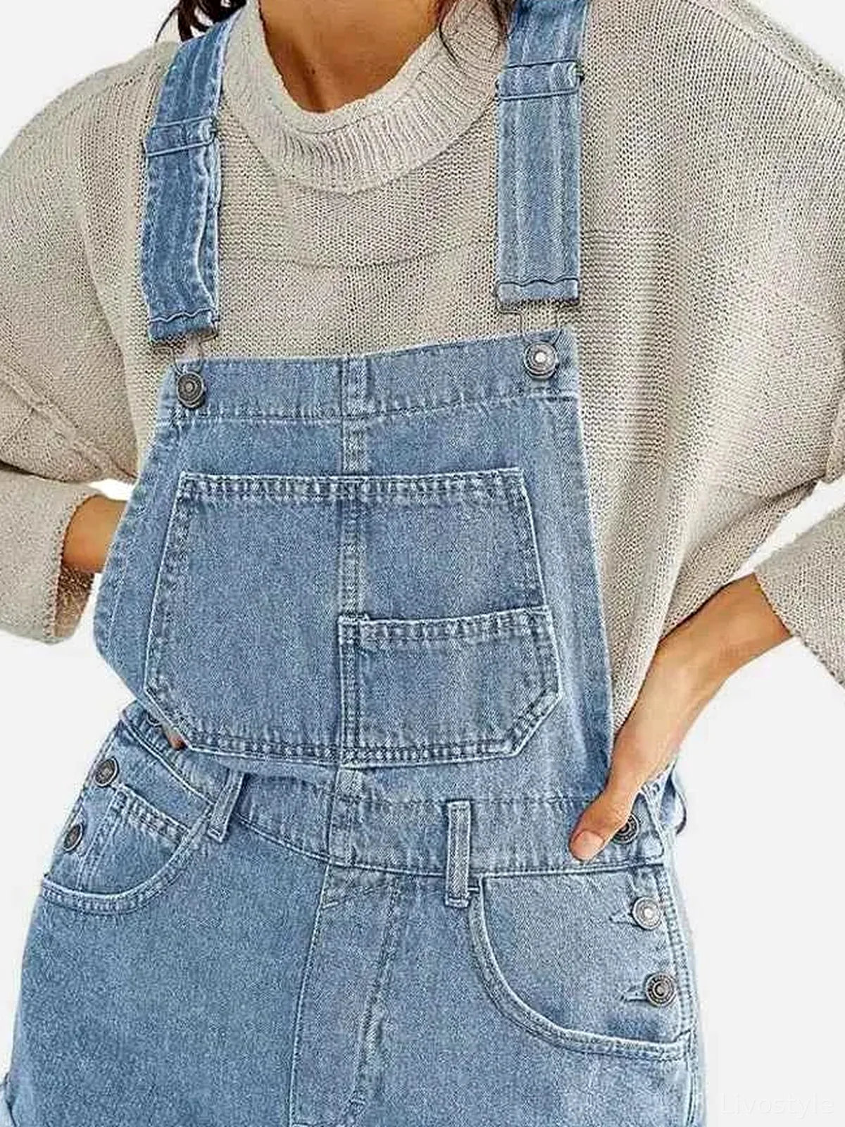 Pocketed Square Neck Wide Strap Denim Overalls — detail view — Livostyle