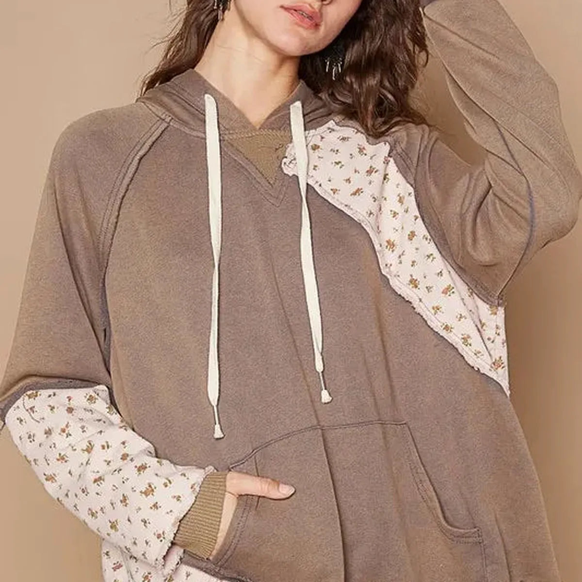Floral Patchwork Distressed Drawstring Hoodie — square view — Livostyle