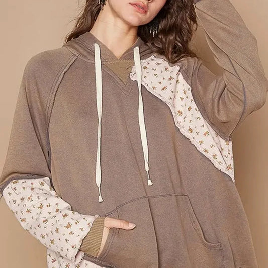 Floral Patchwork Distressed Drawstring Hoodie — square view — Livostyle