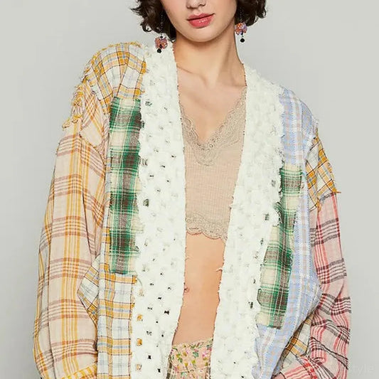 Raw Edge Plaid Open Front Cardigan — square view — Livostyle