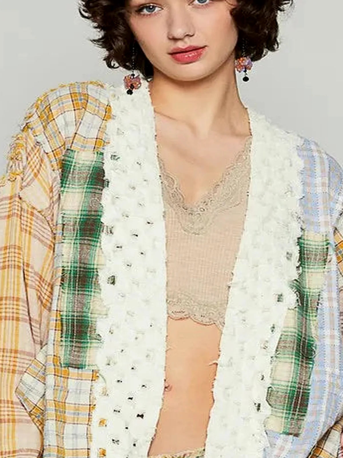 Raw Edge Plaid Open Front Cardigan — detail view — Livostyle