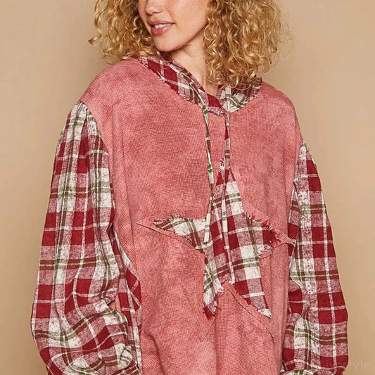 Star Patch Plaid Long Sleeve Hooded Top — square view — Livostyle