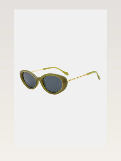 Polycarbonate Frame Cat-Eye Sunglasses in Olive Green Retro — styled showcase — Livostyle