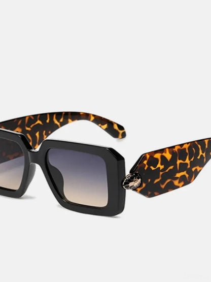 Polycarbonate Frame Square Sunglasses in Animal Print Black — detail view — Livostyle