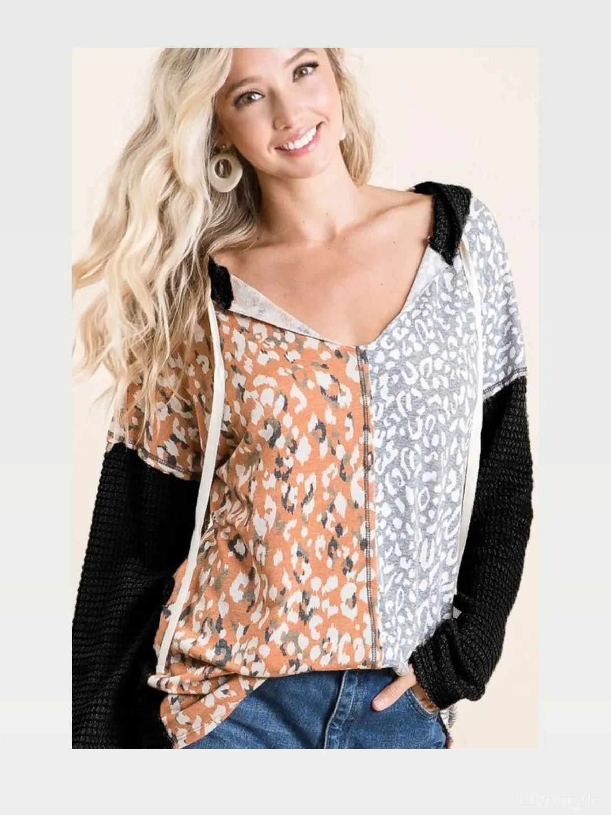 Popcorn Waffle Knit Hoodie with Front Pocket and Print Block – photo 3