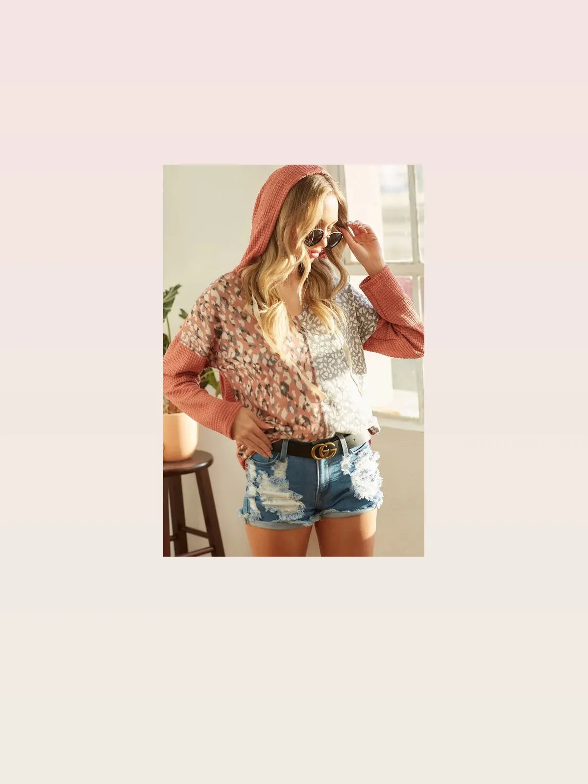 Cozy & Stylish Popcorn Waffle Knit Hoodie with Print Front — styled showcase — Livostyle