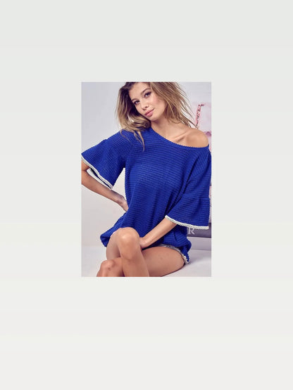 Chic Popcorn Waffle Knit Top with Stylish Pompom Lace — styled showcase — Livostyle