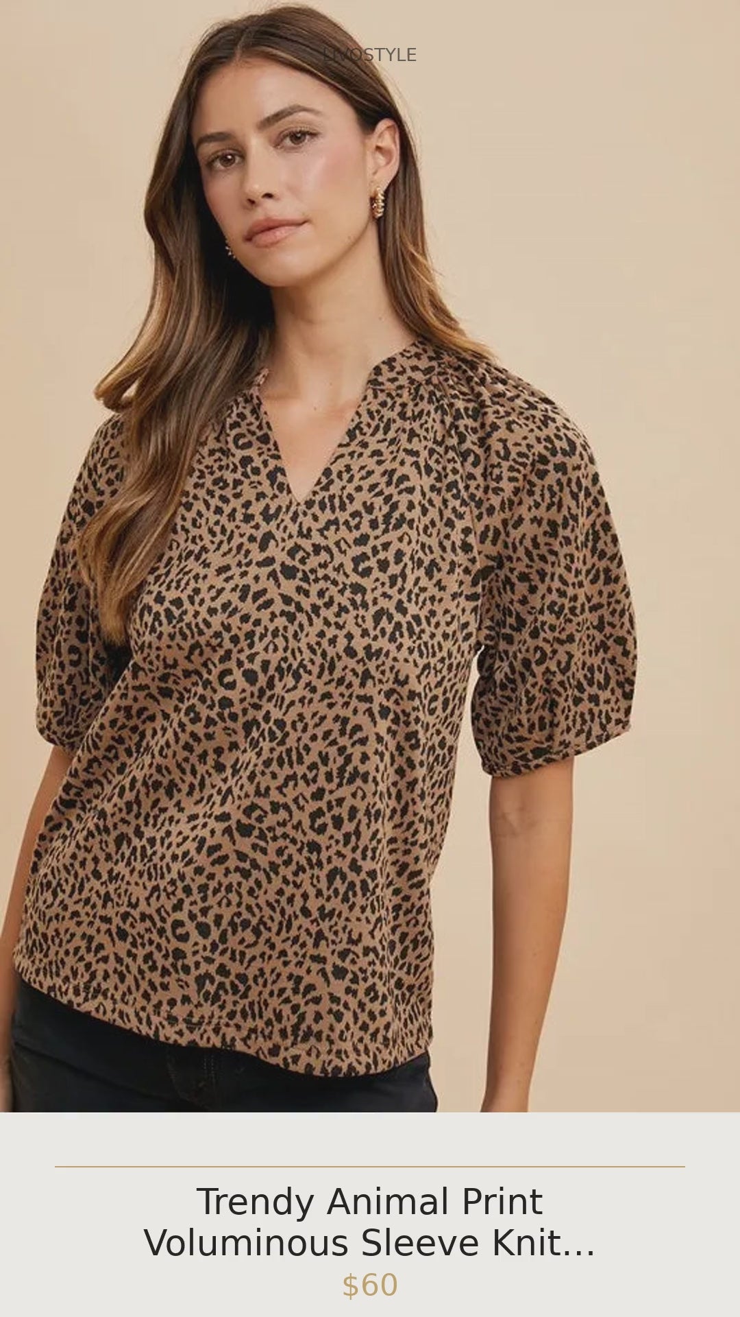 Trendy Animal Print Voluminous Sleeve Knit Blouse
