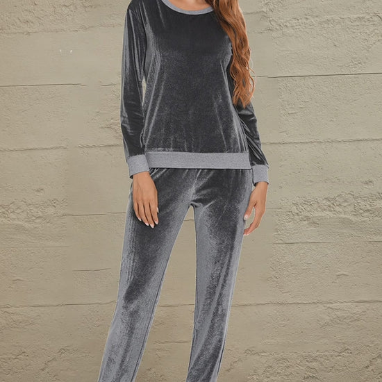 Velvet Round Neck Long Sleeve Loungewear Set with Pockets – video