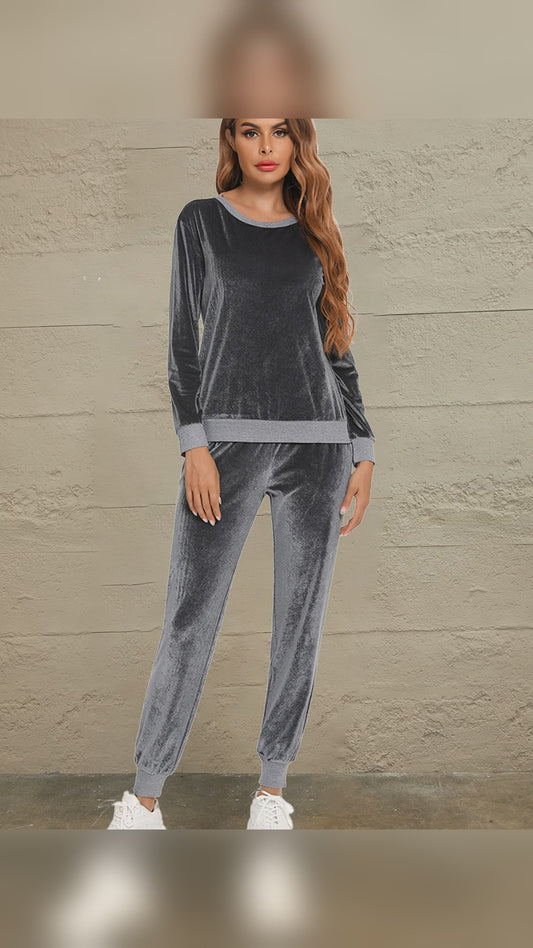 Velvet Round Neck Long Sleeve Loungewear Set with Pockets – video