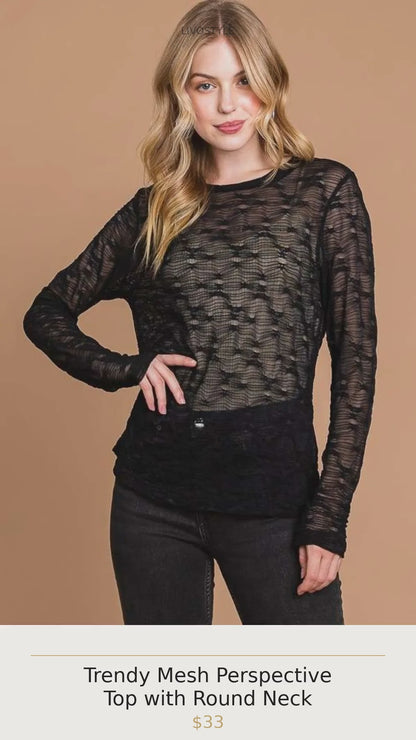 Trendy Mesh Perspective Top with Round Neck