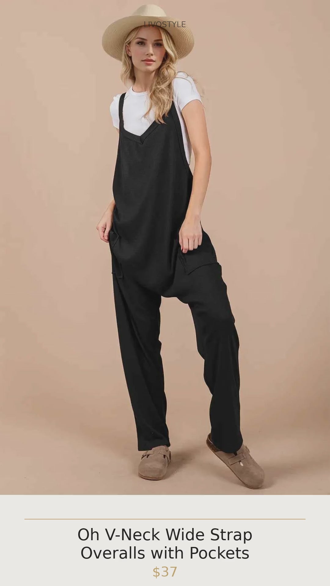 Oh V-Neck Wide Strap Overalls with Pockets