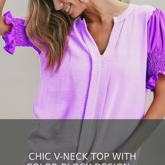 Color Block V-Neck Puff Sleeve Blouse with Smocked Sleeves – video