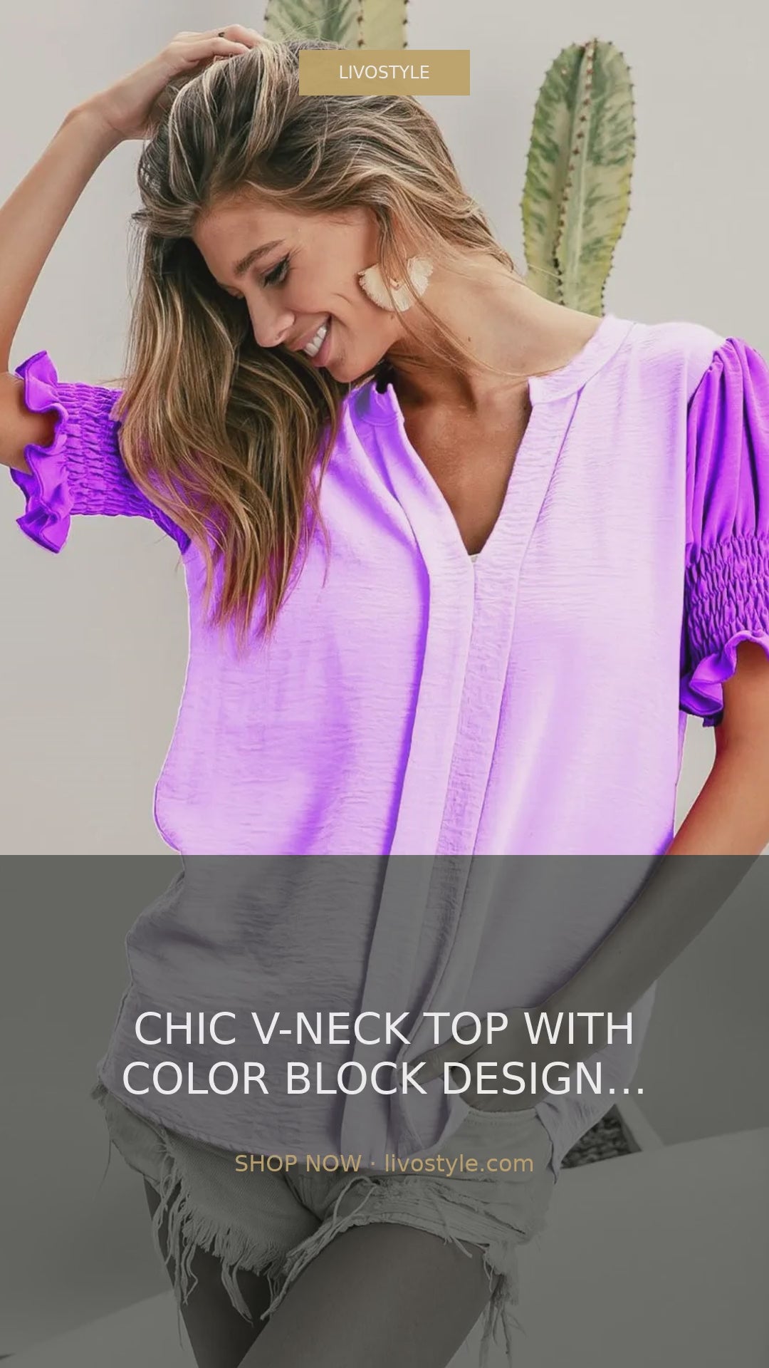 Color Block V-Neck Puff Sleeve Blouse with Smocked Sleeves – video