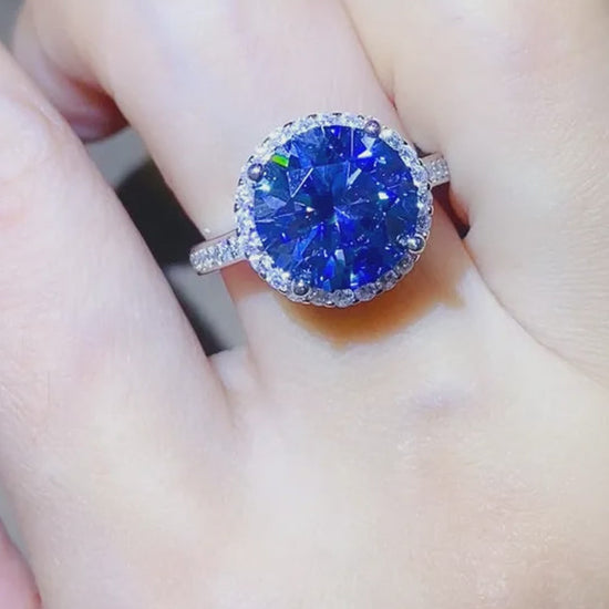 5 Carat Moissanite 925 Sterling Silver Ring — Round Blue Halo