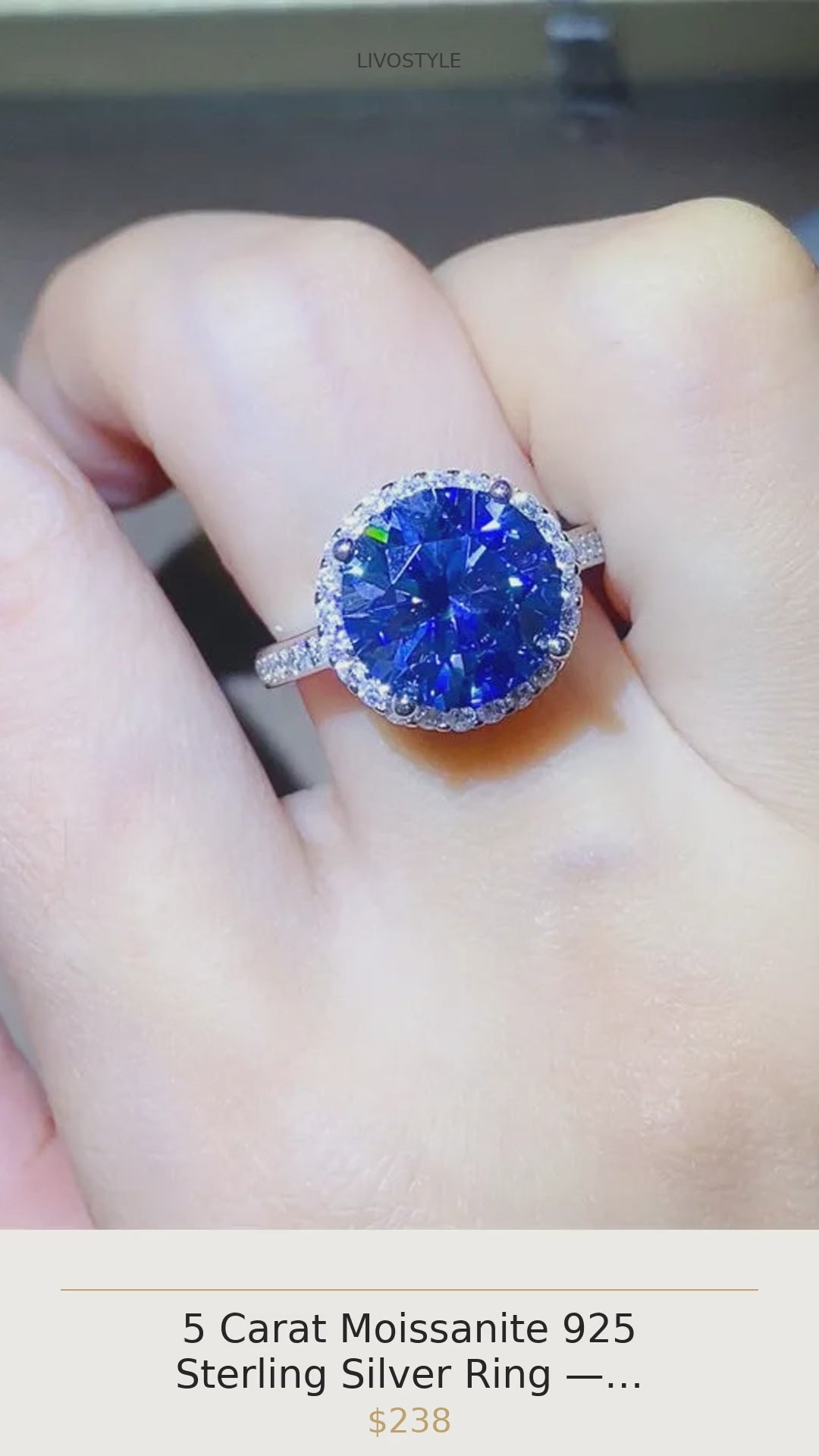 5 Carat Moissanite 925 Sterling Silver Ring — Round Blue Halo