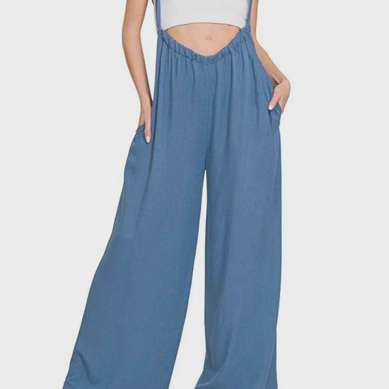 Woven Tie Back Suspender Jumpsuit in DUSTY BLUE