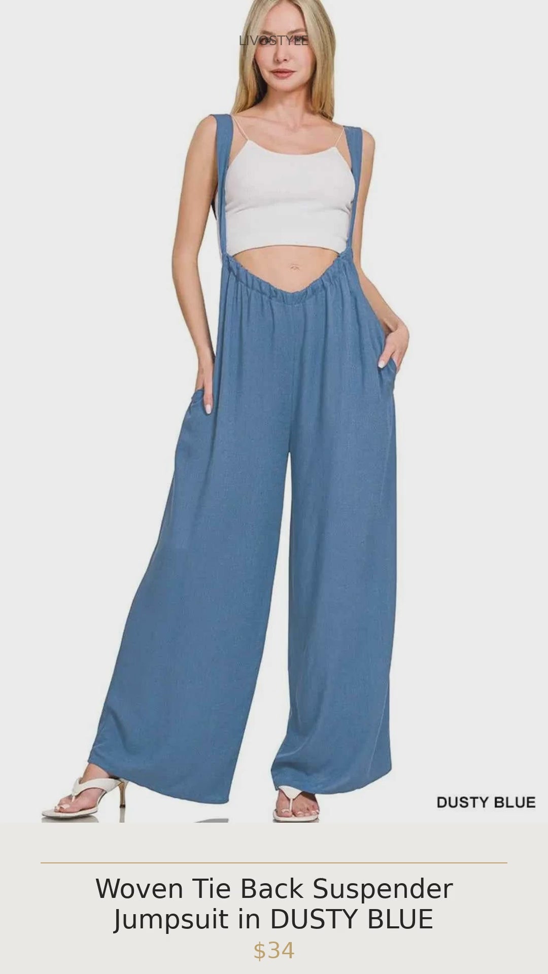 Woven Tie Back Suspender Jumpsuit in DUSTY BLUE