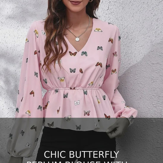 Butterfly Print Peplum Blouse with Balloon Sleeves – video