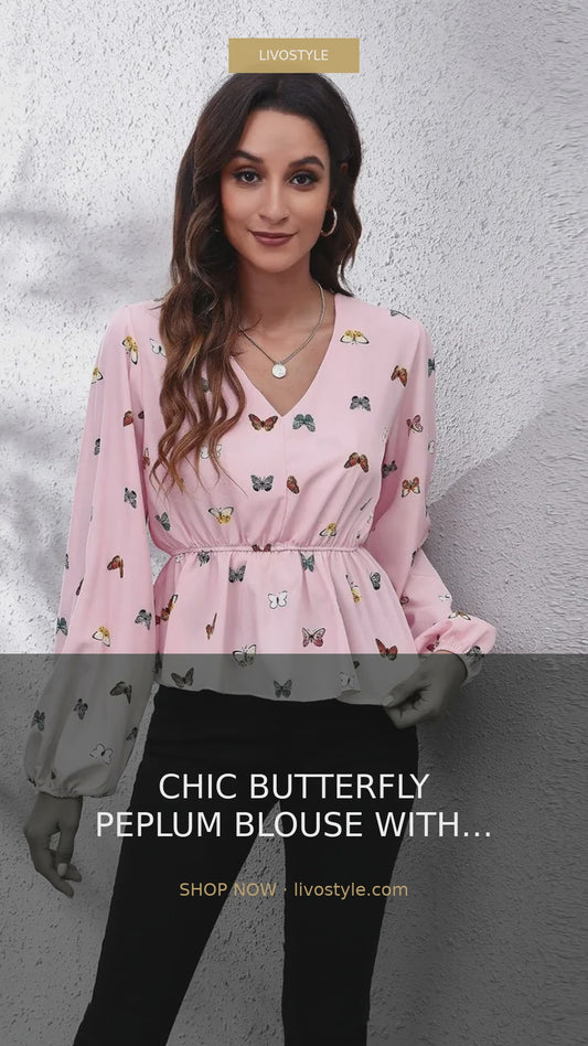 Butterfly Print Peplum Blouse with Balloon Sleeves – video